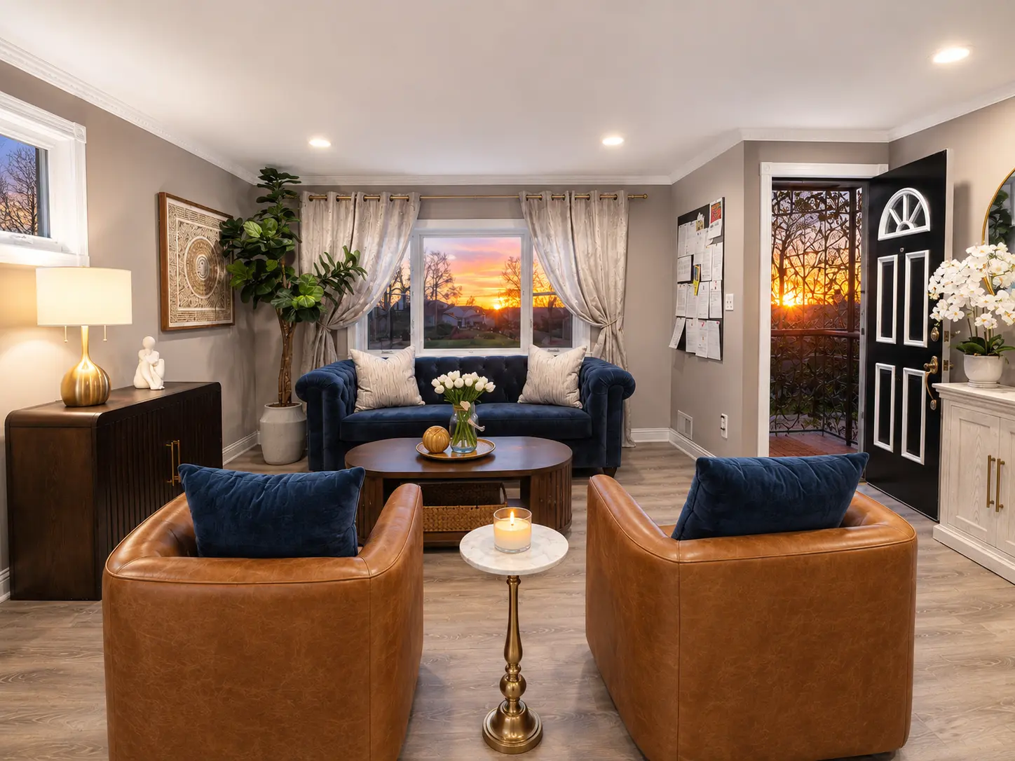 Sunlit living room with comfortable seating
