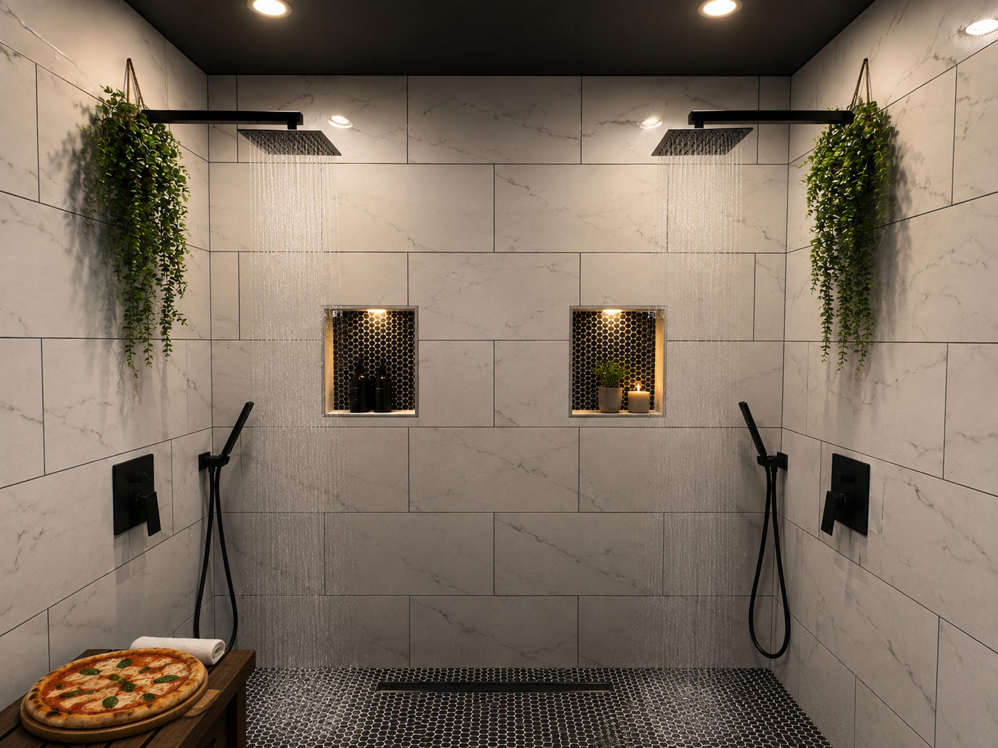 Bright walk-in shower with rainfall water running