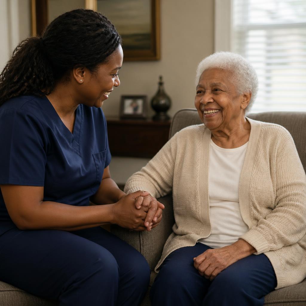 A caregiver holding the hands of an elderly resident